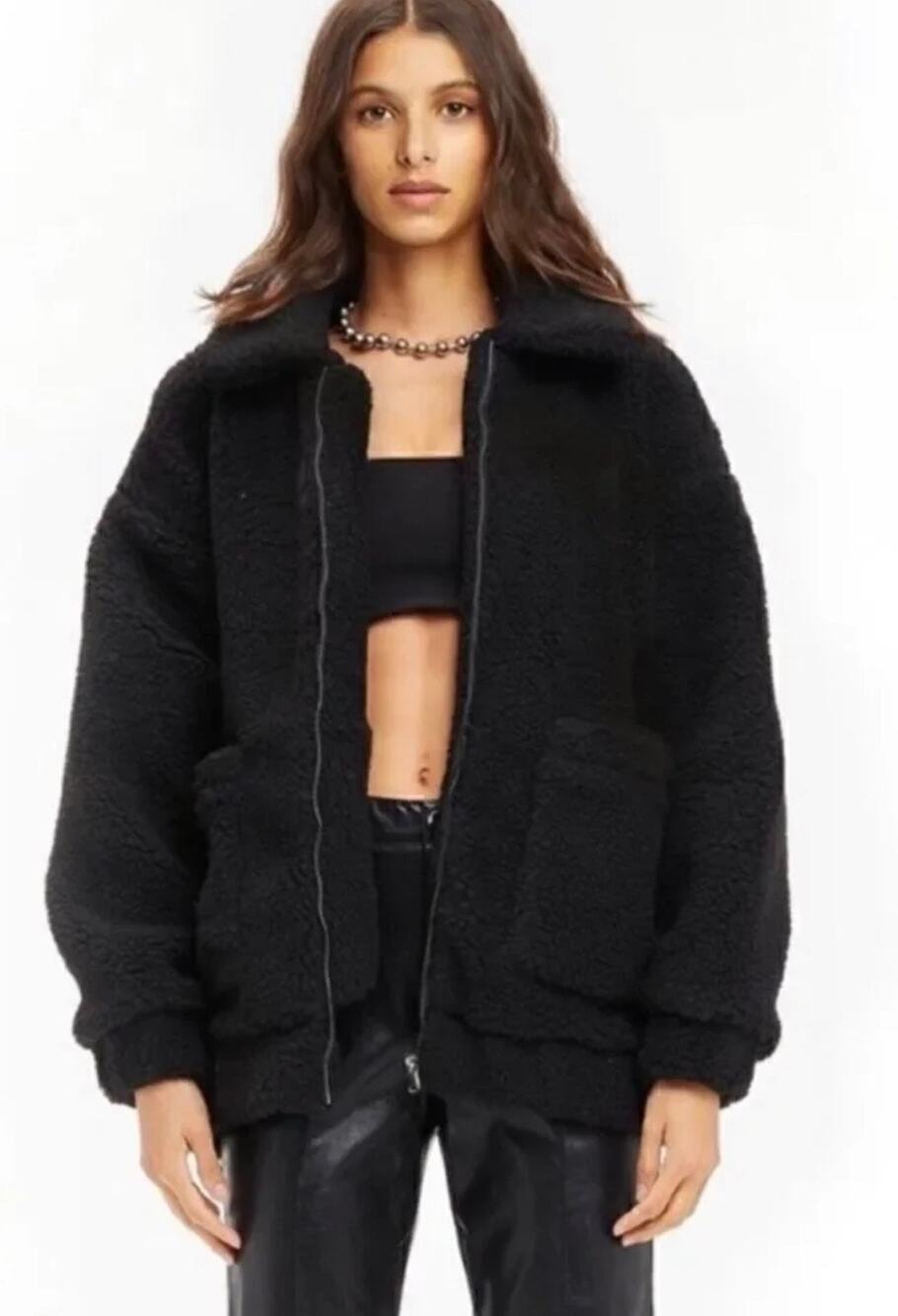 I.AM.GIA Oversized Pixie Teddy Zip Front Sherpa Jacket Black Size Small